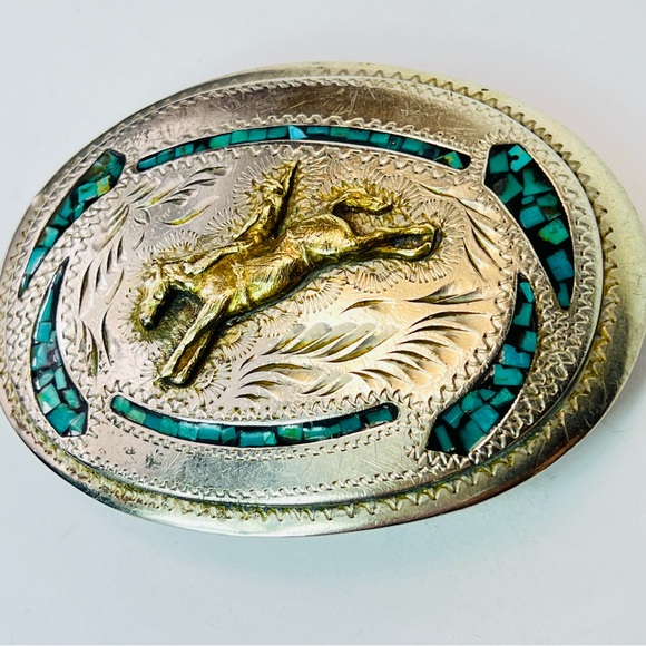 Native American Other - Vintage Native Turquoise Inlay Nickel Silver Bucking Bronco Belt Buckle Western
